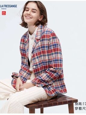 Uniqlo Women's Plaid Button-Front Blazer Linen and Cotton